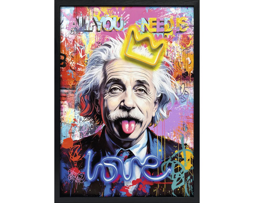 Wandbild im Pop-Art-Stil mit Albert Einstein, der die Zunge herausstreckt, einer Krone, Text Love und All you need is in einem schwarzen Rahmen.
