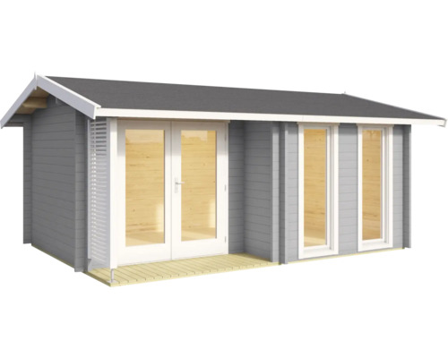 Modernes Gartenhaus aus Holz in Grau und Weiß mit Satteldach, einer Doppelflügeltür mit Glas, zwei hohen Fenstern und kleiner Terrasse.