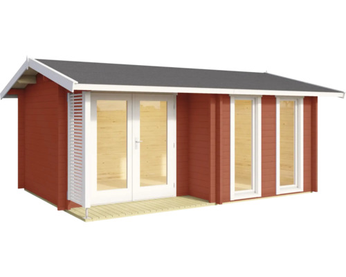 Gartenhaus aus Holz mit Satteldach, einer Doppelflügeltür aus Glas, zwei vertikalen Fenstern und einer kleinen Terrasse.