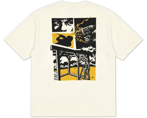 Cremeweißes T-Shirt mit Grafik-Print auf dem Rücken, der eine Baustellenszene mit Werkzeug und Holzkonstruktion zeigt.