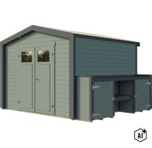 Gartenhaus aus Holz mit Doppeltür, Glasausschnitten und seitlichem Anbau mit Regalfach zur Aufbewahrung von Gartengeräten. (Image AI modified or generated)