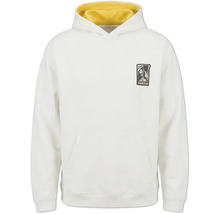 Weißer Kapuzenpullover mit gelbem Innenfutter in der Kapuze, Kängurutasche und kleinem Logo auf der Brust.