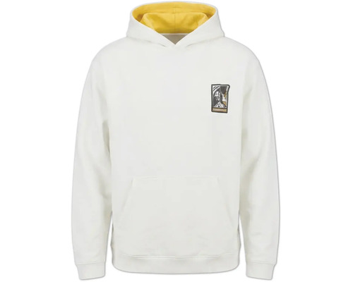 Weißer Kapuzenpullover mit gelbem Kapuzenfutter, kleiner Grafik auf der Brust und Kängurutasche.