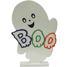 Halloween-Dekofigur in Form eines lächelnden Geistes mit dem Schriftzug BOO auf einem Standfuß.