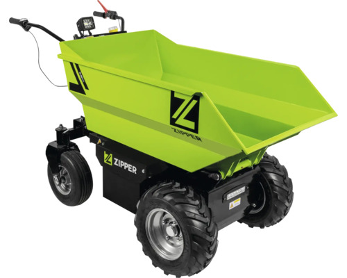 Elektro-Minidumper Zipper ZI-ED500 mit Allradantrieb, großer Mulde und Geländebereifung für den Materialtransport.