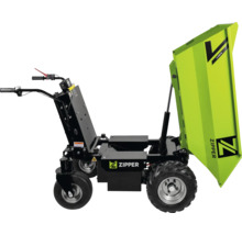 Zipper elektrischer Dumper mit vier Rädern und hochgekippter grüner Mulde.