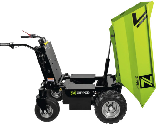 Zipper elektrischer Dumper mit vier Rädern und hochgekippter grüner Mulde.