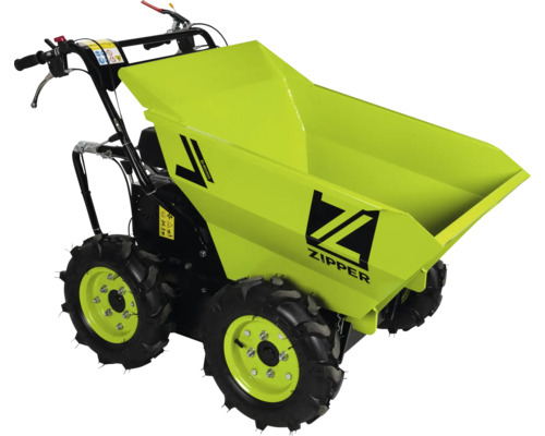 Zipper Minidumper ZI-RD300 mit Allradantrieb, vier Geländereifen und einer großen Kippmulde aus Metall.