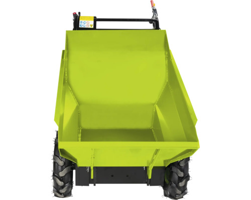 Motorisierter Minidumper mit großer Metallmulde und Stollenbereifung für unwegsames Gelände.
