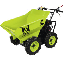 Zipper Minidumper mit Benzinmotor, Allradantrieb und Kippmulde für den Transport von schweren Materialien auf Baustellen oder im Garten.