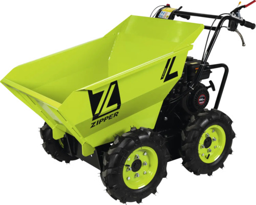 Zipper Minidumper mit Benzinmotor, Allradantrieb und Kippmulde für den Transport von schweren Materialien auf Baustellen oder im Garten.