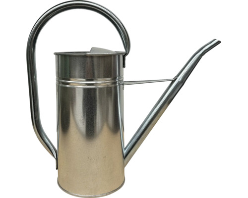 Gießkanne aus verzinktem Metall mit langem Auslauf und großem bogenförmigem Griff.