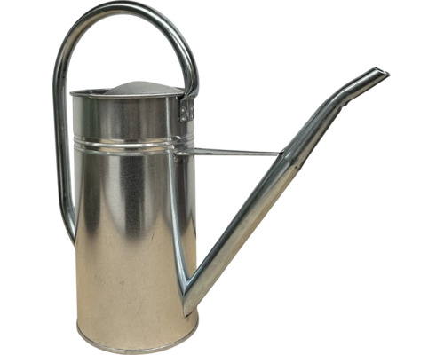 Gießkanne aus verzinktem Metall mit langem Ausguss und großem Bügelgriff.