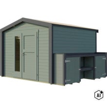 Gartenhaus aus Holz mit Satteldach, Doppeltür mit Glaseinsatz und angebautem Lagerraum mit Holztüren. (Image AI modified or generated)