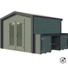 Gartenhaus aus Holz mit Doppeltür und integriertem Anbau mit zusätzlichem Stauraum zur Aufbewahrung von Gartengeräten. (Image AI modified or generated)