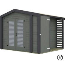 Modernes Gartenhaus aus Holz mit Doppeltür und seitlichem Anbau mit Regalelementen. (Image AI modified or generated)
