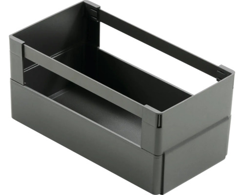 Graue Organizer-Box aus Kunststoff mit hohem Rahmenaufsatz für Schubladen und Schränke.