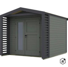 Modernes Gartenhaus aus Holz mit Doppeltüren, Glaseinsatz und seitlichen Lamellenblenden. (Image AI modified or generated)