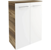 Badezimmerschrank mit Holzkorpus, zwei weißen Türen und silberfarbenen Griffen