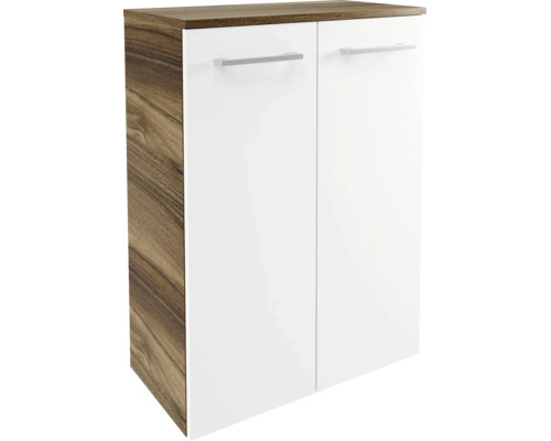 Badezimmerschrank mit Holzkorpus, zwei weißen Türen und silberfarbenen Griffen