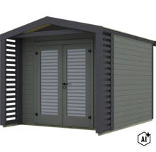 Modernes Gartenhaus aus Holz mit Doppeltür, Lamellenelementen an den Seiten und Satteldach. (Image AI modified or generated)
