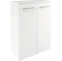 Weißer zweitüriger Schrank mit silberfarbenen Metallgriffen.