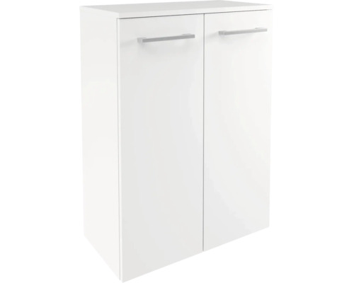 Weißer zweitüriger Schrank mit silberfarbenen Metallgriffen.