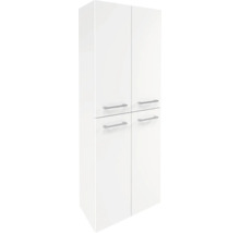 Weißer Badezimmer-Hochschrank mit vier Türen und silbernen Metallgriffen.