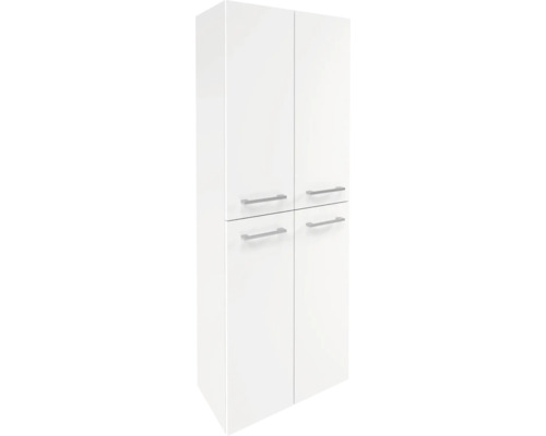 Weißer Badezimmer-Hochschrank mit vier Türen und silbernen Metallgriffen.