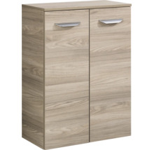 Zweitüriger Mehrzweckschrank in Holzoptik mit zwei silberfarbenen Griffen.