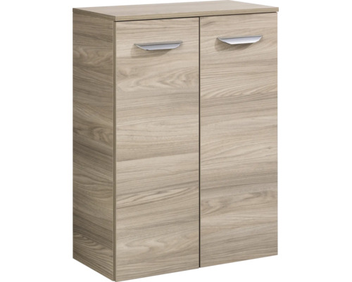 Zweitüriger Mehrzweckschrank in Holzoptik mit zwei silberfarbenen Griffen.