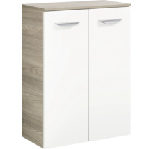 Zweitüriger Mehrzweckschrank mit Korpus in Holzoptik und weißen Fronten mit silberfarbenen Griffen.