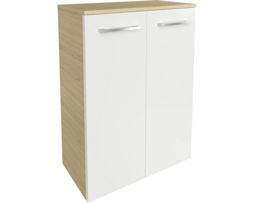 Schrank mit zwei Türen, Korpus in Holzoptik und weißen Fronten mit silberfarbenen Griffen.