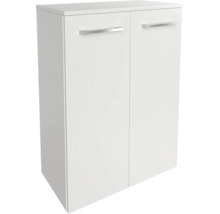 Zweitüriger, weißer Mehrzweckschrank mit silberfarbenen Griffen.