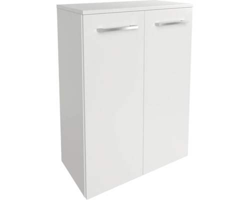 Zweitüriger, weißer Mehrzweckschrank mit silberfarbenen Griffen.
