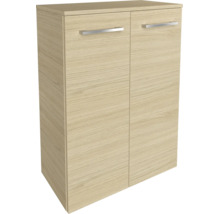 Zweitüriger Mehrzweckschrank in Eichenoptik mit zwei silbernen Stangengriffen.