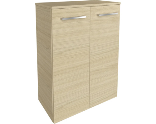 Zweitüriger Mehrzweckschrank in Eichenoptik mit zwei silbernen Stangengriffen.