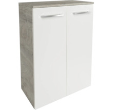 Zweitüriger Schrank mit grauem Holzkorpus, weißen Fronten und silberfarbenen Griffen.