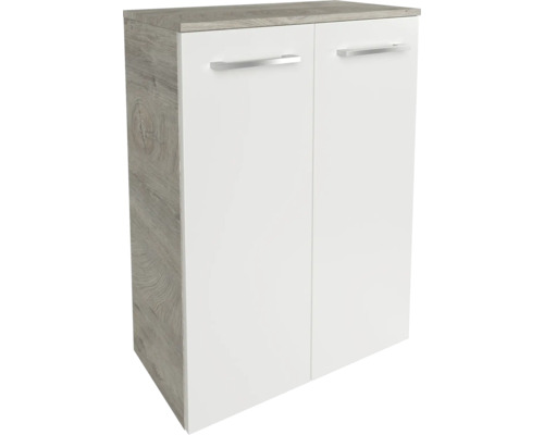 Zweitüriger Schrank mit grauem Holzkorpus, weißen Fronten und silberfarbenen Griffen.