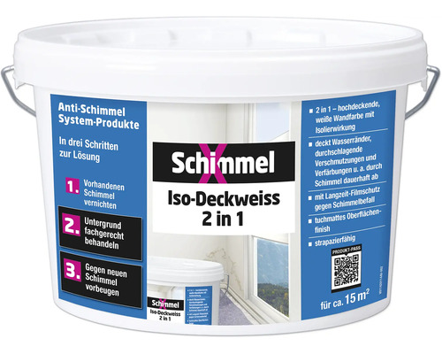 Schimmel Iso-Deckweiss 2 in 1 Wandfarbe, hochdeckend, mit Isolierwirkung, für circa 15 Quadratmeter.