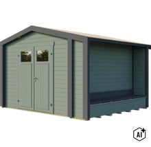 Gartenhaus aus Holz mit Doppeltür und integriertem Schleppdach als moderner Geräteschuppen für den Garten. (Image AI modified or generated)