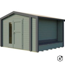 Gartenhaus aus Holz mit integriertem überdachtem Anbau und Fenstertür für den Außenbereich (Image AI modified or generated)