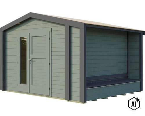 Gartenhaus aus Holz mit integriertem überdachtem Anbau und Fenstertür für den Außenbereich (Image AI modified or generated)