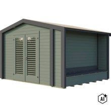 Modernes Gartenhaus aus Holz mit Doppeltür und integriertem Anbau sowie Sitzbank im Außenbereich. (Image AI modified or generated)