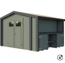 Gartenhaus aus Holz mit Doppeltür und integriertem Anbau für zusätzlichen Stauraum. (Image AI modified or generated)