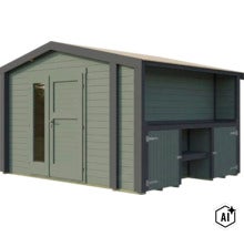 Gartenhaus aus Holz mit Satteldach, Doppeltür mit Glaseinsatz und angebautem seitlichem Lagerbereich mit kleinen Flügeltüren. (Image AI modified or generated)