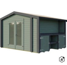 Gartenhaus aus Holz mit Doppeltür und integriertem seitlichem Anbauschrank für zusätzlichen Stauraum. (Image AI modified or generated)
