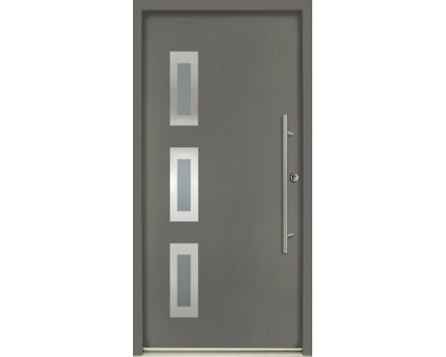 Moderne Haustür in Grau mit drei rechteckigen Lichtausschnitten und langem Stangengriff aus Edelstahl.