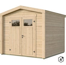 Gartenhaus aus Holz mit Satteldach und Doppeltür mit Fenstereinsätzen als Stauraum für den Garten. (Image AI modified or generated)