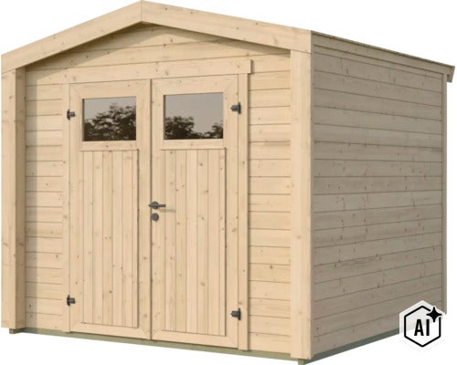 Gartenhaus aus Holz mit Satteldach und Doppeltür mit Fenstereinsätzen als Stauraum für den Garten. (Image AI modified or generated)
